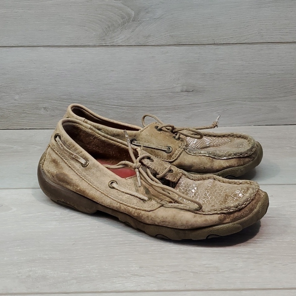 Twisted X Womens Leather Driving moc Dusty tan snake Shoes Loafer sz 7.5M